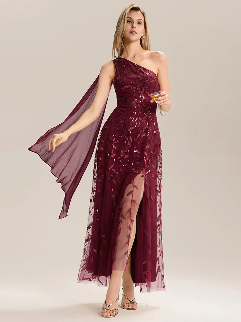 Burgundy One shoulder sequin A-line maxi dress for wedding guests in an elegant style